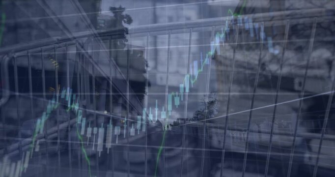 Animation of financial data over supermarket cart and timelapse with walking people