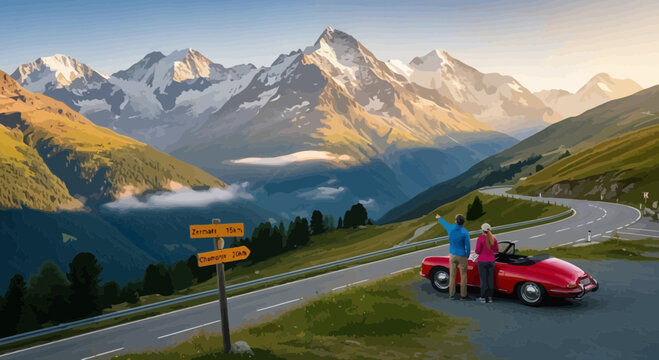 Couple Enjoying Scenic Mountain Road Trip in Red Vintage Convertible