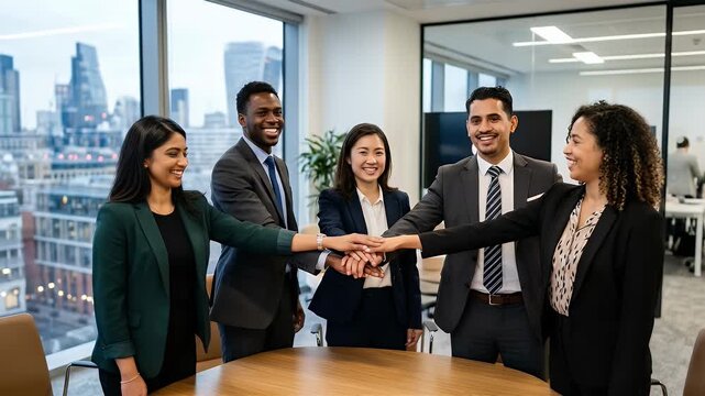 A team of young mixed-race business professionals in formal attire join hands in collaboration, showcasing unity and teamwork. Negative space offers room for titles.