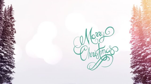 Animation of glowing spots of light over fir trees in winter countryside scenery