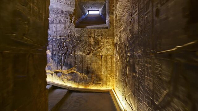 Hieroglyphs and images of Egyptian gods at the Ancient Egyptian Temple of Edfu. Edfu is the site of a Ptolemaic-era Temple of Horus and an ancient settlement in Egypt.