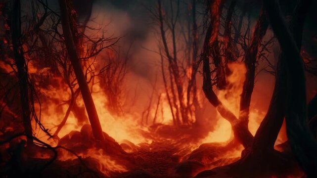 A forest on fire at night.