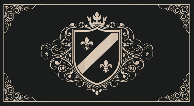 Elaborate golden heraldic shield featuring a crown and fleur-de-lis surrounded by complex scrollwork and corner frames on a dark background.