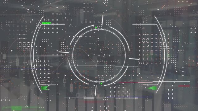 Animation of scope scanning over dots pattern against statistical data processing on grey background