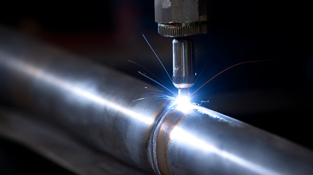 Precision automated industrial welding process on metal pipe, bright arc light and sparks against dark background, close-up view