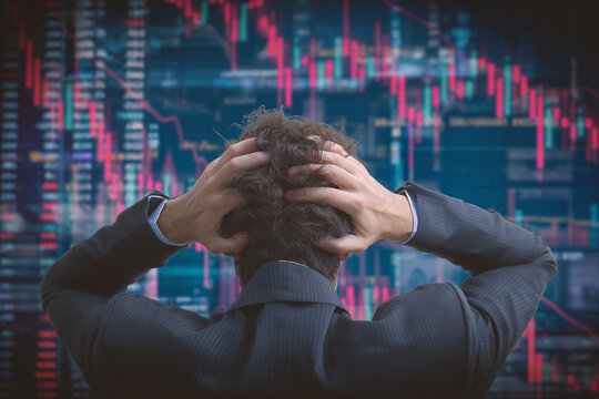 Businessman stress financial crisis stock market loss trading decline recession panic charts economic downturn investment risk concept
