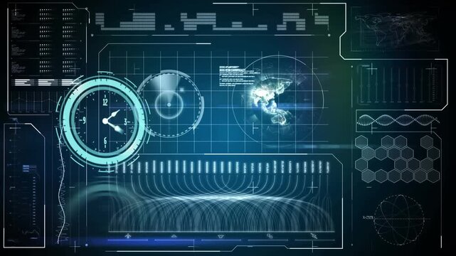 Animation of neon ticking clock over spinning globe and digital interface with data processing