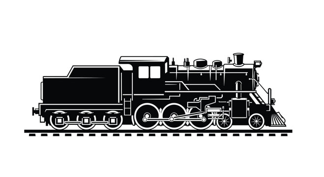 Detailed black and white silhouette of a vintage steam locomotive train on tracks isolated on a plain white background.