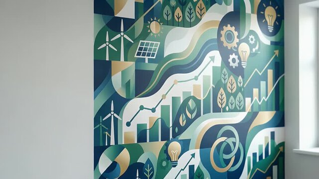 Modern wallpaper background featuring abstract financial motifs inspired by positive impact funds emphasizing investment in socially responsible projects sustainable innovation ESG performance and imp