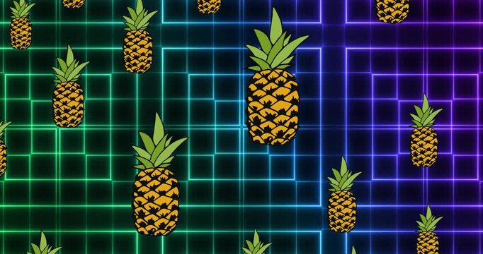 Animated pineapples with glowing squares loop on a black background.