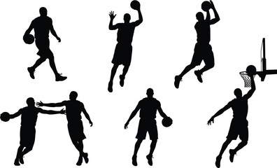 Basketball action silhouettes set featuring dribbling passing shooting and dunking players dynamic sports poses vector illustration isolated on white background © uzzala