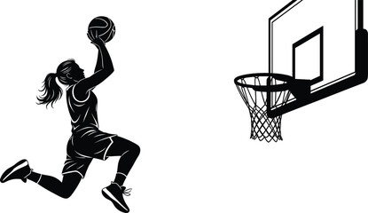 Basketball player dunk silhouette with hoop and backboard dynamic jump shot action vector illustration isolated on white background for sports design © uzzala