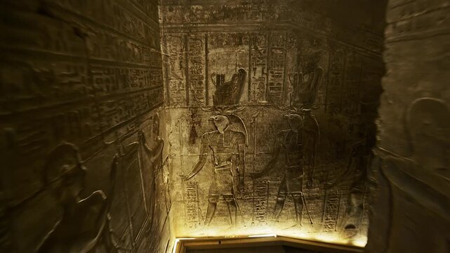 Hieroglyphs and images of Egyptian gods at the Ancient Egyptian Temple of Edfu. Edfu is the site of a Ptolemaic-era Temple of Horus and an ancient settlement in Egypt.