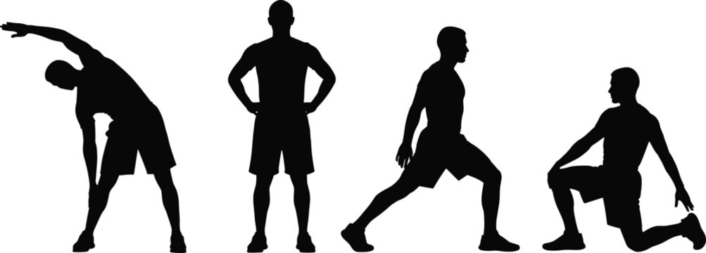 Black silhouettes of athletes performing stretching exercises, fitness warm‑up poses for flexibility, posture training, injury prevention, workout routine illustration