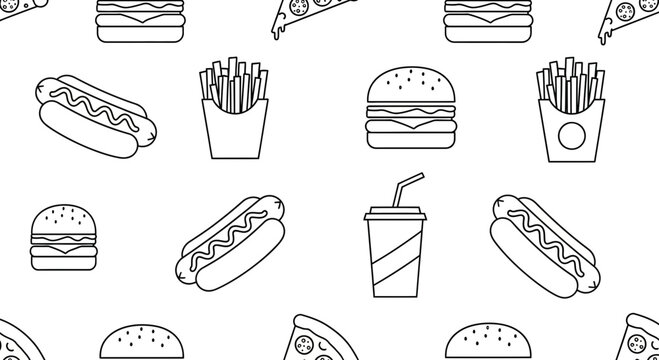Seamless Pattern of Fast Food Icons Outline Style