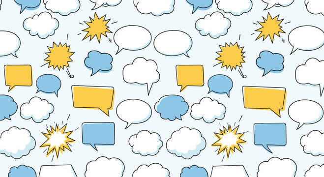 Playful seamless pattern featuring various speech bubbles talk clouds and starburst shapes in blue yellow and white.