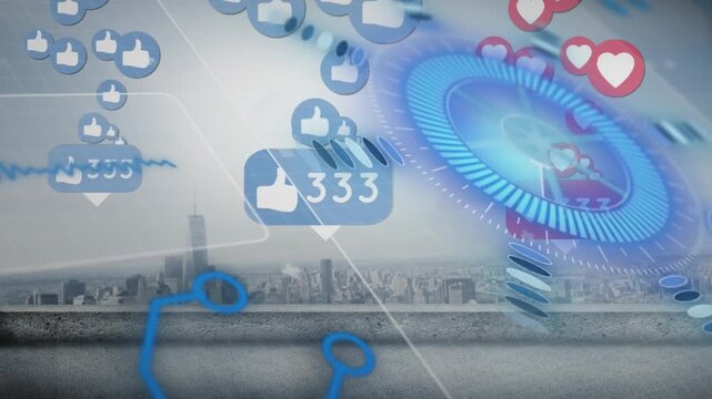 This video shows a city with hearts and likes increasing in count and flying in the sky