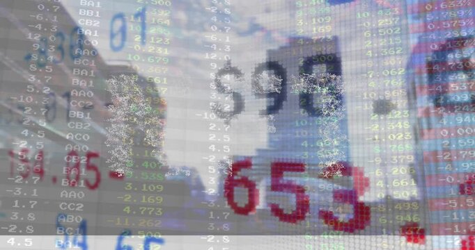 Animation of stock market data processing and nft text banner against tall buildings