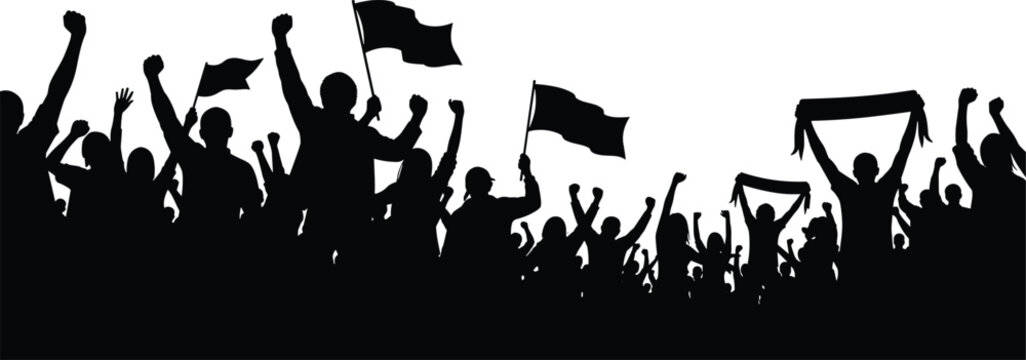 Cheering crowd silhouettes with raised hands and flags celebrating victory, festival or sports event atmosphere isolated on white background