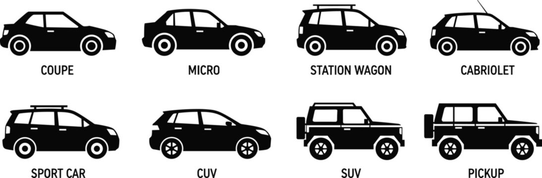 Car silhouettes set including coupe, micro, station wagon, cabriolet, SUV and pickup, side view vehicle icons isolated on white background