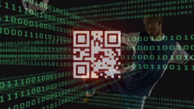 Animation of binary coding and qr code over football player