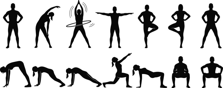 Collection of fitness exercise silhouettes showing stretching, yoga, squats and warm up movements isolated on white background representing healthy lifestyle and training routine