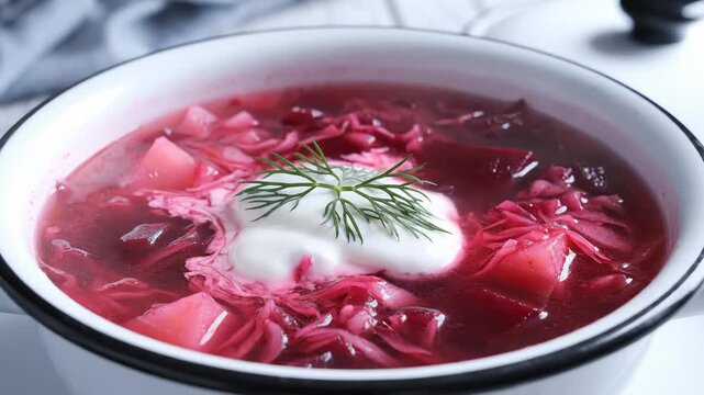 Close-Up of a Bowl of Hearty Borscht Soup With Sour Cream and Dill Garnish