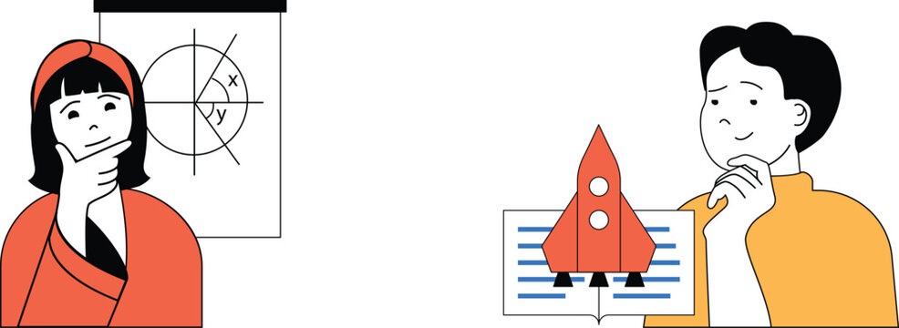 Two individuals pondering concepts of polar coordinates and rocket trajectory in a thoughtful manner