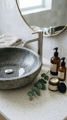 Modern round stone basin sink with water droplets on terrazzo countertop next to amber glass skincare bottles and eucalyptus branch, luxury spa bathroom interior close-up