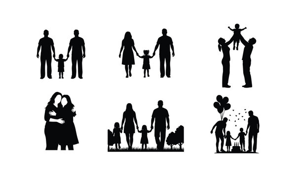 Vector illustrations of family moments, parents holding hands with children, celebrating birthdays, and enjoying outdoors