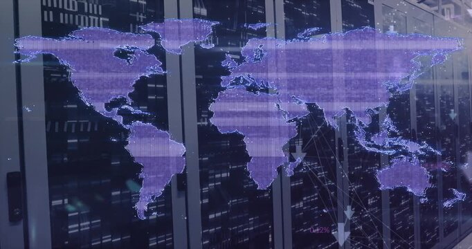 Animation of glitch technique in map over arrow and connected dots against server room