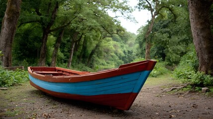 Obraz premium A vibrantly painted wooden rowboat rests on a dirt path in a lush green forest clearing