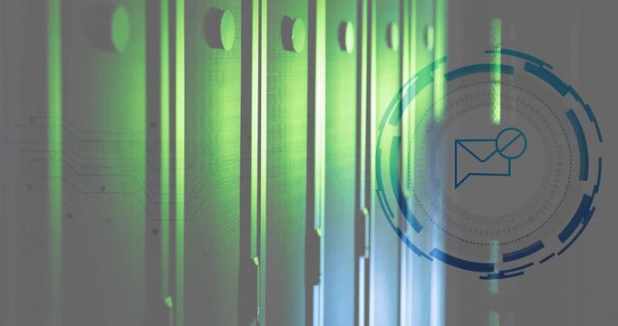 Animation of message block icon over round scanner against computer server room