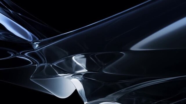 Slow motion tracking shot of translucent polished sheet folding and rippling like glassy plastic surface in dark studio with high contrast reflections