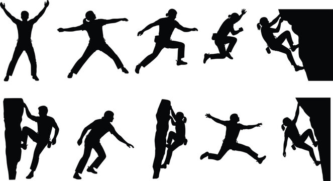 Collection of rock climbing and jumping silhouettes showing dynamic action poses on cliff wall isolated on white background representing adventure and extreme sport