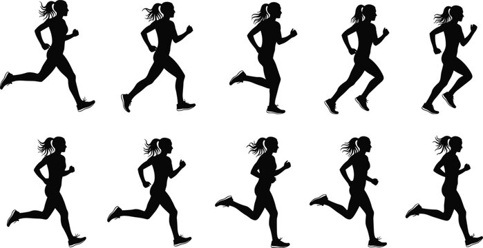 Collection of running girl silhouettes showing jogging and sprinting motion, female athlete stride sequence, fitness training, dynamic movement vector illustration set