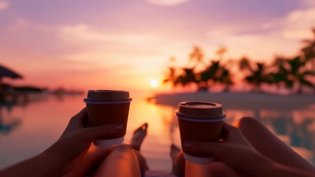Handheld slow motion tracking shot of person holding coffee cups while lounging poolside at tropical beach resort during orange pink sunset with silhouetted palms and reflecting water