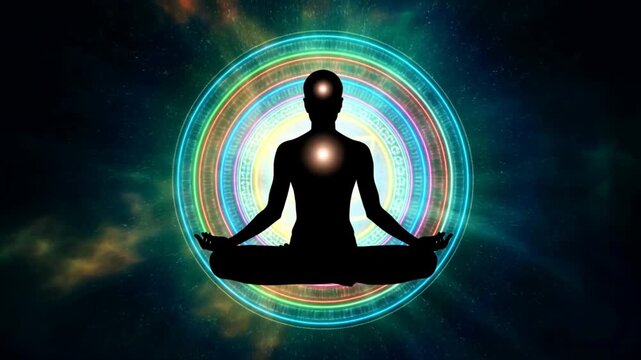 Slow zoom silhouette meditating with glowing chakra light and concentric energy rings in outer space cosmic background