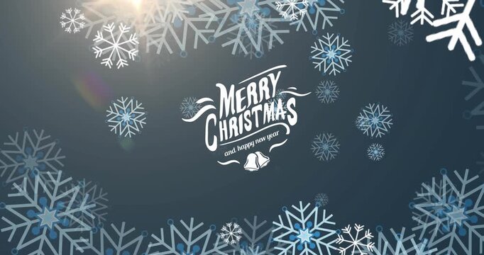 Animation of merry christmas and happy new year text and snowflakes falling on grey background