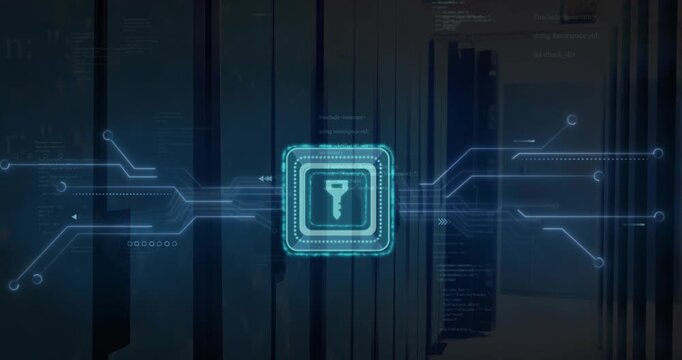 Animation of key in squares, circuit board pattern and computer language over server room
