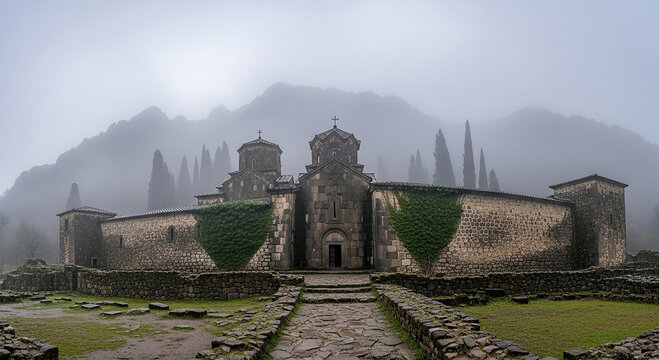 Ancient stone monastery on foggy mountain, old architecture, religious building