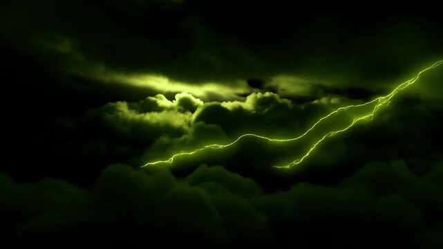 Time lapse of storm clouds with green lightning strikes illuminating rolling cumulonimbus and thunderheads above dark night sky in overhead atmosphere