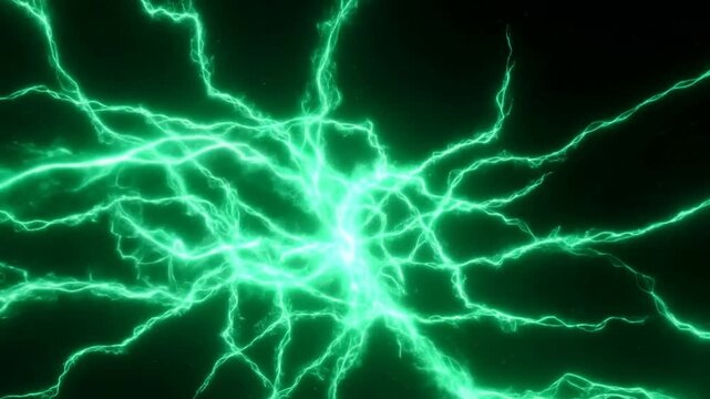 Zoom in revealing electric energy discharge expanding into neon green plasma arcs and branching filaments across dark void background