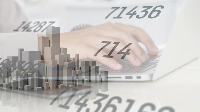 Animation of changing numbers and 3d city model against mid section of man using a laptop