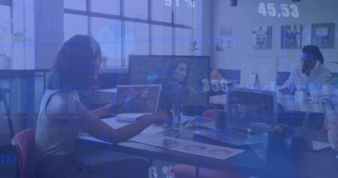 Animation of statistical data processing against woman reading a document at office
