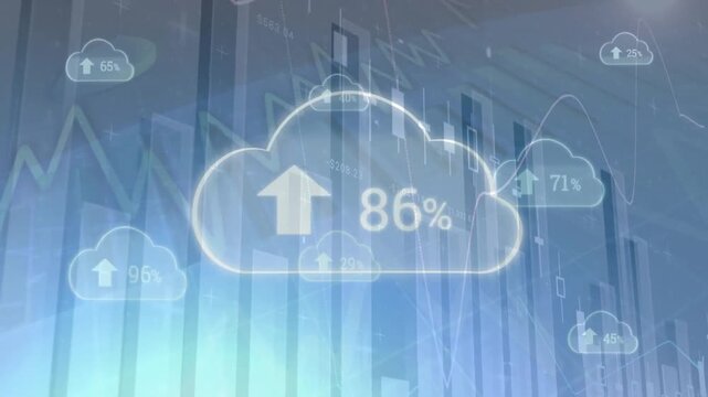 Animation of multiple graphs, clouds with 0 to 100 increasing number with percent and arrow up signs