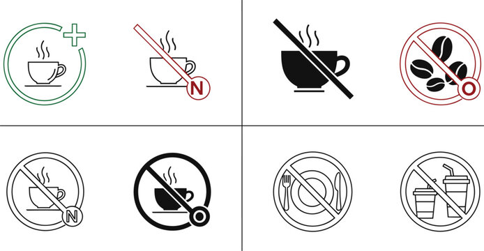 Coffee allowed and prohibited sign icon set with no caffeine, no hot drinks, and food restriction symbols, cafe policy signage vector isolated on white background