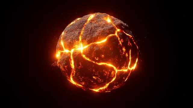 Slow rotation of glowing molten cracked rock sphere emitting lava embers against dark space background