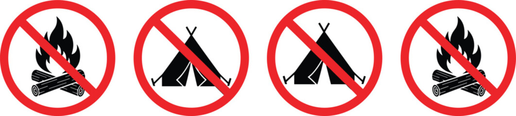 No campfire and no camping sign icon set with prohibited fire and tent symbols, outdoor safety restriction signage collection vector isolated on white background © Shefali