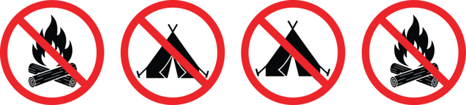 No campfire and no camping sign icon set with prohibited fire and tent symbols, outdoor safety restriction signage collection vector isolated on white background